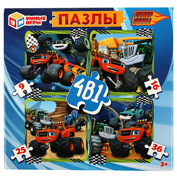 СуперТреки. Набор пазлов  4 в 1: 9-16-25-36. 175х175х50мм.